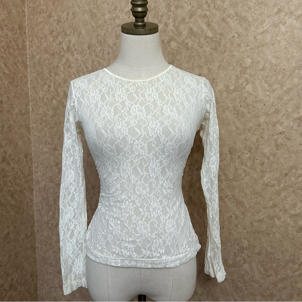 VTG 80s Cream White Lace Mesh Sheer Floral Long Sleeve Layering Top